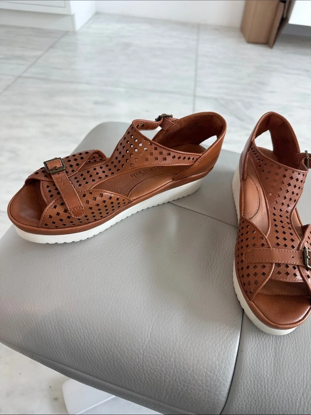 Women's Tan Perforated Buckle Wedge Sandals